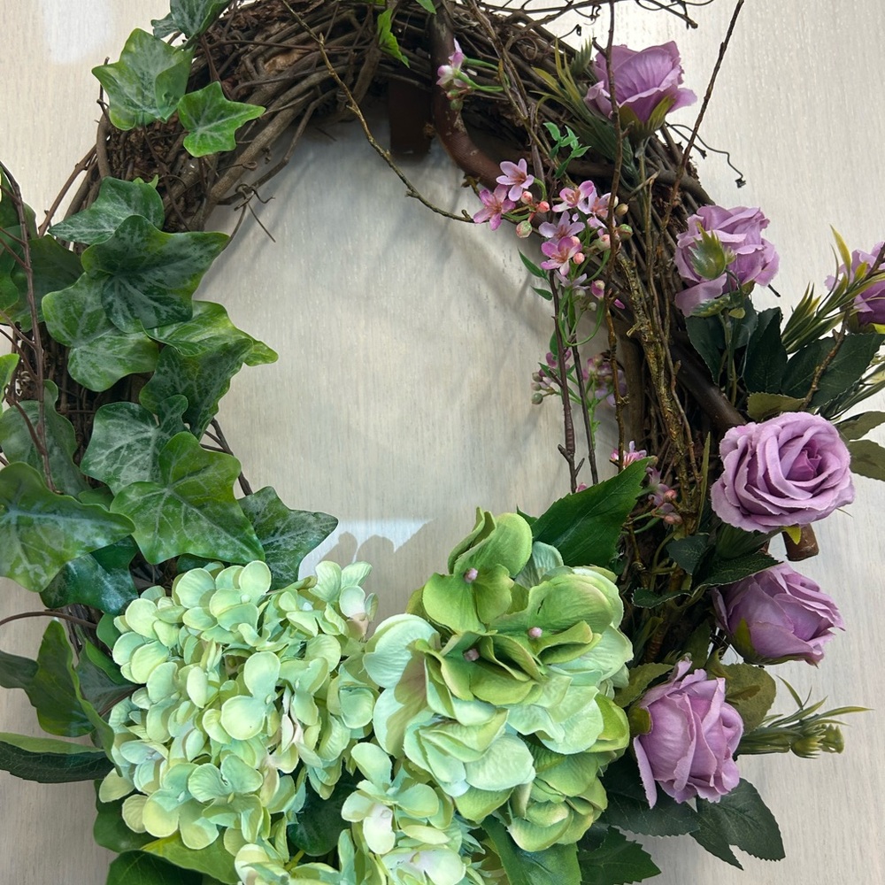 Floral Wreath with Green and Lavender Flowers